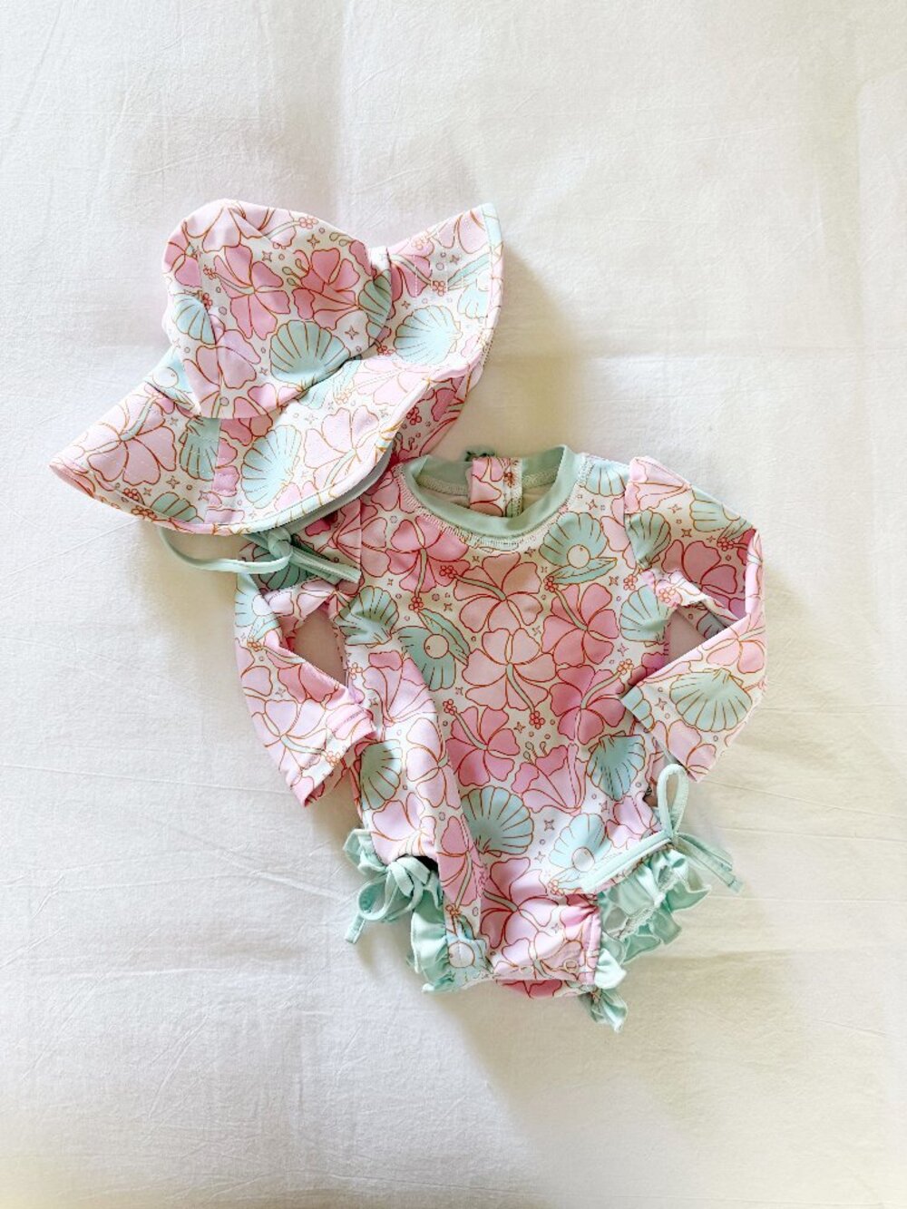 Caden Lane Swim Set • Ruffled Swimsuit + Sun Hat • 3-6 Months
